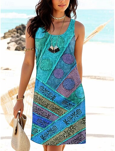  Damen Minikleid Sommerkleid Urlaub Lässig Täglich Lässiger Schnitt Grafik Geometrisch Tupfen Ärmellos U-Ausschnitt Rosa Rote Blau Sommer