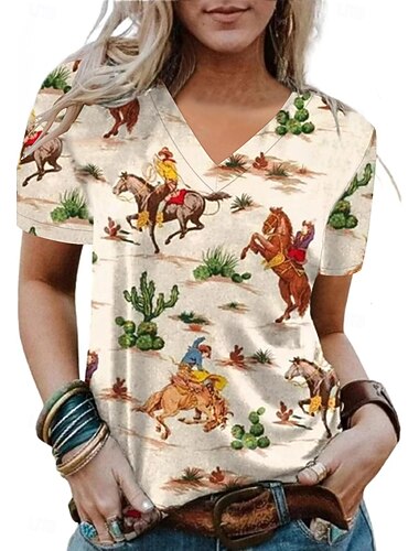  Dame Sommertoppe Grafisk Tribal Mode Vestlig Afslappet Kortærmet V-hals Almindelige toppe Daglig I-byen-tøj Weekend Patchwork Trykt mønster militærgrøn Brun mat-hvid Sommer Forår