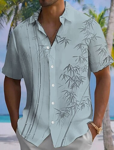  Herren Blatt Pflanzen Bambus Hemd Lässiges Hemd Knopfhemd Kurzarm Modisch lässig Outdoor Urlaub Strassenmode Sommer Frühling Umlegekragen 3D-Druck Hemden mit Kragen Weiß Blau Grün