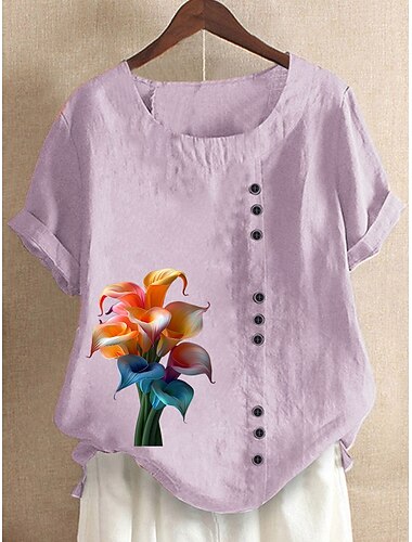  Mujer Blusa Floral Graphic Vintage Casual Manga Corta Cuello Barco Tops regulares Diario Noche Botones Estampado Granate Verde Hierba Azul Marino Azul Piscina Morado Verano Primavera