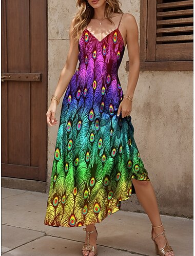  Damen Maxikleid A Linie Kleid Sommerkleid Unterkleid Urlaub Lässig Normale Passform Ombre Grafik Ärmellos V Ausschnitt Regenbogen Sommer Frühling