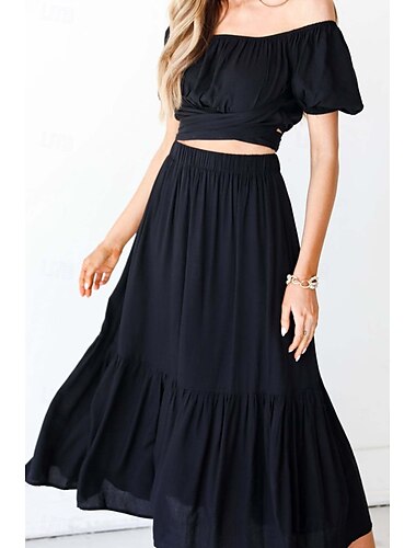  Femmes Jupe Mode Maxi Taille Basse Jupes Uni Froncé Micro-Élastique Vacances Rue Noir Blanche Été Coton