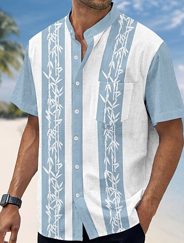  Herren Pflanzen Bambus Hemd Stehkragenhemd Kurzarm Modisch lässig Urlaub Ferien Strandbekleidung Sommer Frühling Mandarinkragen Stehkragen Großvaterkragen Knopf hoch 3D-Druck Leinenähnliches Hemd