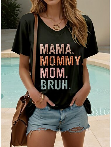  母の日 女性用 Tシャツ グラフィック レタード スタイリッシュ カジュアル 半袖 クルーネック レギュラートップス 日常 ブラック 夏 春