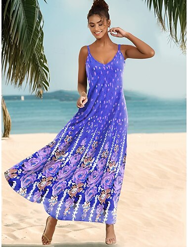  Dames Halflange jurk A lijn jurk Slipdress Vakantie Casual Dagelijks Normale pasvorm Bloemig Grafisch Mouwloos V-hals Paars Zomer Lente