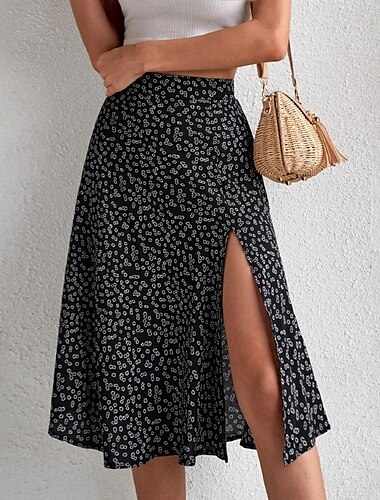 Damen Rock A-Linie Lässig Knielang Mittlere Hüfthöhe Röcke Blumen Druck Mikroelastisch Urlaub Straße Schwarz Gelb Blau Orange Sommer Polyester