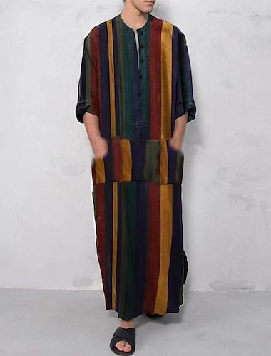  Hombre Ropa de salón Bata de noche Camisa de dormir Raya Elegante Confort Batas tipo kimono Hogar Diario Poliéster Transpirable Escote Chino Manga Corta Verano Rojo Naranja