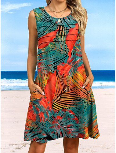  Damen Minikleid T-Shirt-Kleid Sommerkleid A Linie Kleid Urlaub Lässig Strand Täglich Ferien Ausgehen Normale Passform Blumen Ärmellos Rundhalsausschnitt Rote Orange Braun Grün Sommer