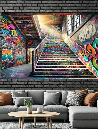  Graffiti Gebäude Treppen Hängender Wandteppich Wandkunst Großer Wandteppich Wandmalerei Dekor Fotograf Hintergrund Decke Vorhang Zuhause Schlafzimmer Wohnzimmer Dekoration