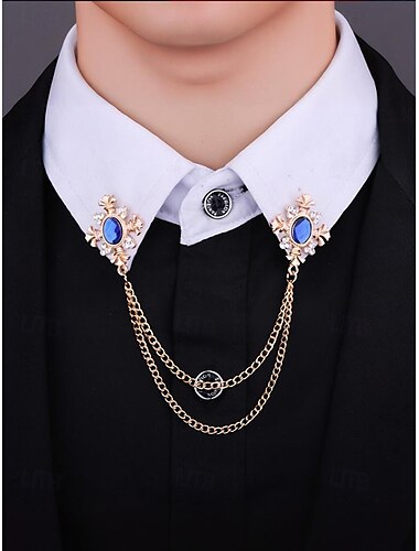  Vintage-Kragenkettenbrosche mit blauem Edelstein – elegante Anstecknadel mit Doppelkette für Männer und Frauen, Hemd- und Anzugaccessoire im gotischen viktorianischen Stil, formeller Hochzeits- und Partyschmuck