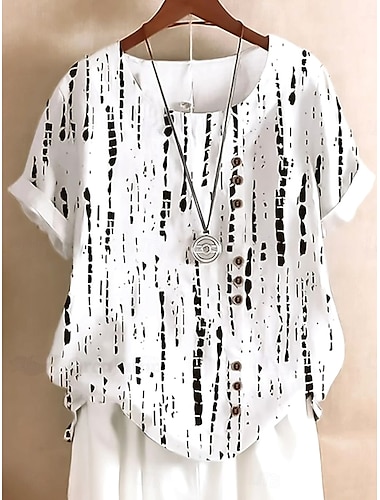  Camisa de Mujer Blusa Gráfica a Rayas Elegante de Manga Corta Cuello Redondo Regular Tops de Uso Diario de Lino Similar Estampado Blanco Verano