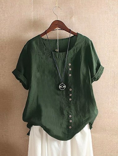  Dames Overhemd Blouse Katoenen linnen overhemden Effen Basic Modern Korte mouw Strakke ronde hals Normale tops Dagelijks Feestdagen Knop Wit Blozend Roze blauw Oranje Groen Zomer