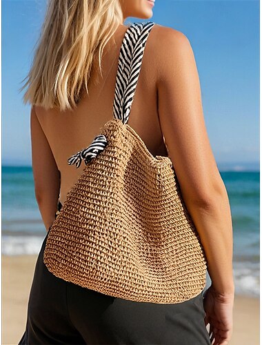  borsa a tracolla in paglia intrecciata da donna – borsa da spiaggia boho chic con spallacci con stampa zebra, borsa estiva leggera per viaggi, vacanze e uscite informali