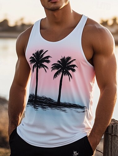  Homme Débardeur Sous-Vêtements T-shirt sans manches Sans manches Col ras du cou Été Cocotier Sports Mode Confortable Imprimé Occasionnel Plage Salle de sport Blanche T-shirt haut de gamme pour homme