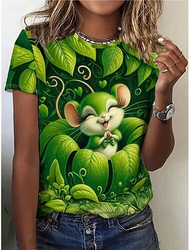  Damen T Shirt Sommeroberteile Tiermotiv Landschaft Klassisch Lässig Kurzarm Rundhalsausschnitt Crop Tops Täglich Wochenende Druck Gras-Grün Sommer Frühling Herbst