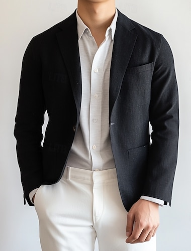  Blazer de Lino para Hombre Chaqueta Deportiva Moda Casual Verano Sólido Blazer de Lino Negro Ajuste Estándar Con Un Solo Botón