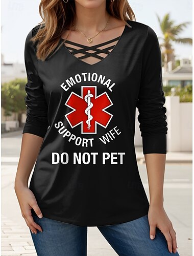  Women's T Shirt Graphic Letter Casual Long Sleeve V Neck Regular Tops Daily Cut Out Print Black Pink Green Spring Fall