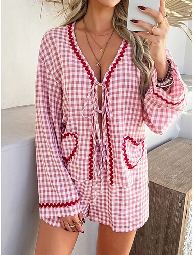  Damen 2 Teile Fashion Streetwear Tägliche Shirt Büro Anzug Shorts Sets Langarm V-Ausschnitt Karomuster Lässig Täglich Pink Blau Grün Sommer Regulär Fit