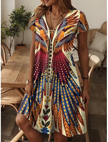  Damen Mini Kleid Petite Kleid Freizeitkleid Sommerkleid A-Linie Kleid Elegant Urlaub Stilvoll Urlaub Täglicher Regular Fit Grafisches Feder Boho Kurzarm Rundhalsausschnitt Gelb Sommer