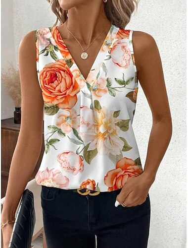  Damen-Camisole Tanktop Floral Grafik Stylish Casual Ärmellos V-Ausschnitt Reguläre Tops Daily Druck Blau Lila Orange Sommer