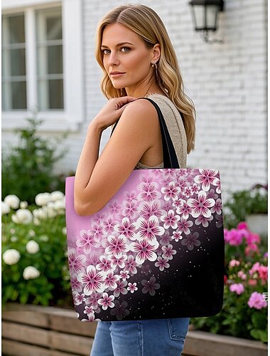  „Blumen-Tragetasche für Damen – stilvolle Handtasche mit großem Fassungsvermögen und schwarz-rosa Blumendesign, perfekt zum Einkaufen, Reisen und für den täglichen Gebrauch“