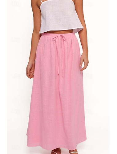  Leinen-inspirierte Röcke für Damen, lässig, Maxi, mittlere Leibhöhe, schlicht, Kordelzug, mikroelastisch, Urlaub, Straße, weiß, rosa, Sommer, Baumwolle