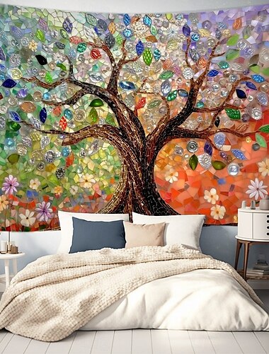  Baum des Lebens hängender Wandteppich Wandkunst Großer Wandteppich Wandmalerei Dekor Fotografie Hintergrund Decke Vorhang Zuhause Schlafzimmer Wohnzimmer Dekoration Buntglas Stil
