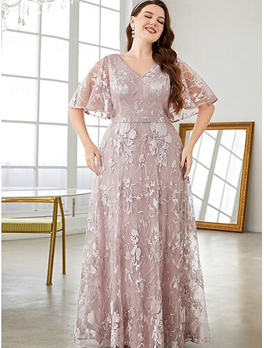  Plus Size Kleid Mutter der Braut Kurvenkleid Elegantes V-Ausschnitt Bodenkleider Spitze Kurzarm mit Spitze 2025