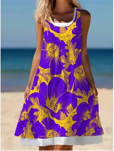 Damen Minikleid T-Shirt-Kleid Sommerkleid A Linie Kleid Urlaub Lässig Strand Täglich Normale Passform Blumen Grafik Ärmellos U-Ausschnitt Gelb Blau Purpur Grün Sommer
