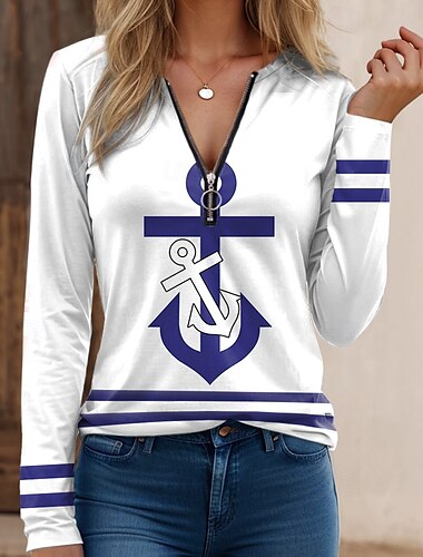  Mulheres Camiseta Floral Casual Manga Longa Decote V Tops regulares Diário Zíper Imprimir Branco Vermelho Azul Marinha Azul Azul empoeirado Verão