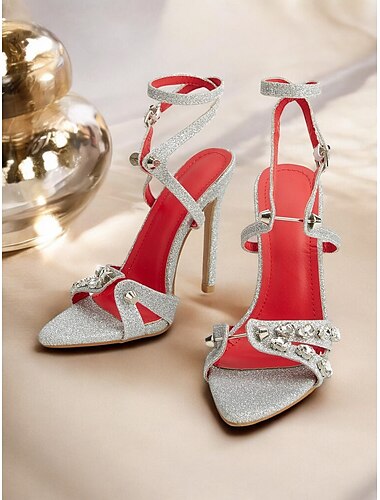  Silberne Glitzer-Stiletto-Sandalen für Damen – High Heels mit Fesselriemchen und Strass für Cocktailpartys und Abendgarderobe