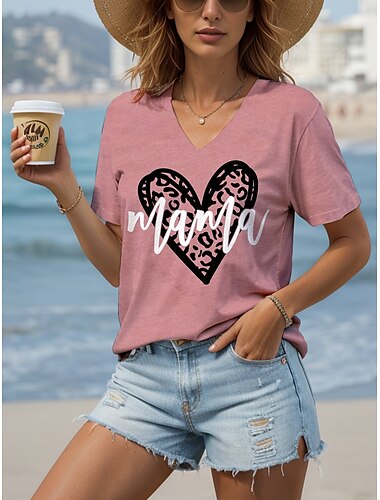  Muttertag Damen T Shirt Herz Grafik Buchstabe Lässig Kurzarm V Ausschnitt Normale Oberteile Täglich Wochenende Druck Gelb Rosa Purpur Grün Grau Sommer Frühling