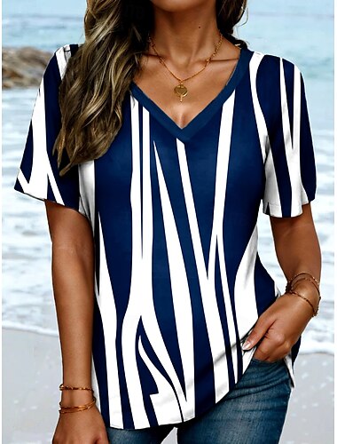  Women's T Shirt Graphic Striped Stylish Classic Casual Short Sleeve Crew Neck Regular Tops Daily Weekend Print Navy Blue Summer Spring