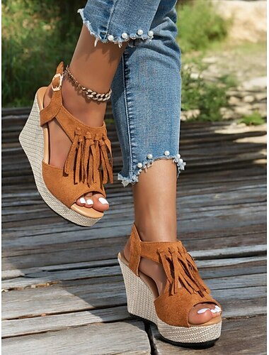  sandali con zeppa e frange da donna – tacchi a spillo boho con plateau per le vacanze estive in spiaggia, outfit casual chic e abbigliamento da festival