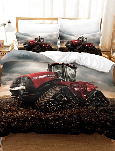  Conjunto de Capa de Edredom com Estampa de Trator de Fazenda 3D e Conforto com 1 Capa de Edredom Impressa ou Cobertor 2 Fronhas para Cama de Casal/Rainha/Rei