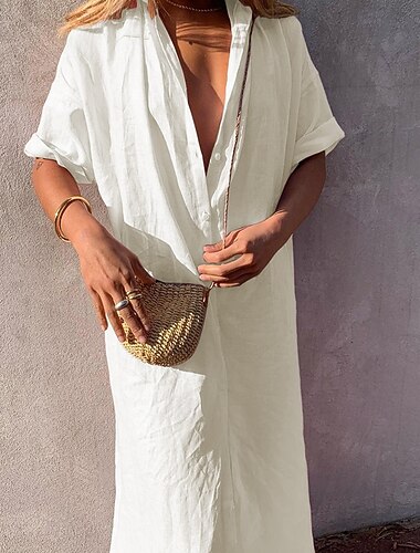  Per donna Abito Midi Abiti ispirati al lino Abito Camicia Abito in cotone e lino Moda Classico Quotidiano Ferie Weekend Vestibilità regolare Semplice Manica Lunga Colletto a Camicia Bianco Verde