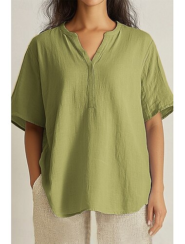  Damen Hemd Leinen-inspirierte Hemden Bluse Einfach Basic Lässig Kurzarm V Ausschnitt Normale Oberteile Täglich Ferien Orange Grün Leicht Blau Sommer