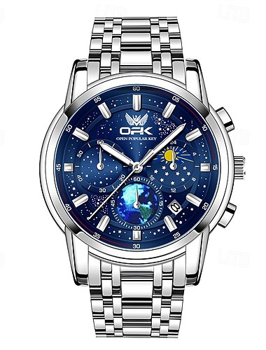  OPK kvarc óra férfiaknak csillagos ég kijelző holdfázis multifunkcionális rozsdamentes acél vízálló luxus férfi kvarc óra 8142