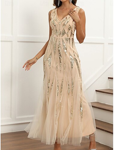  Dress Mother of the Bride Dress Elegant Party V Neck Ankle Length Polyester Sleeveless with Sequin