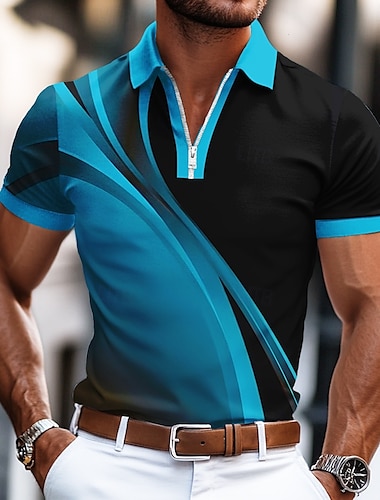  Herr Geometrisk Linje Pikétröjor med dragkedja Kortärmad Polotröjor Skjortor med krage Business Casual Företag Fritids- Klä till Jobbet Dagliga kläder 3D-utskrift Sommar Blå Purpur Grön