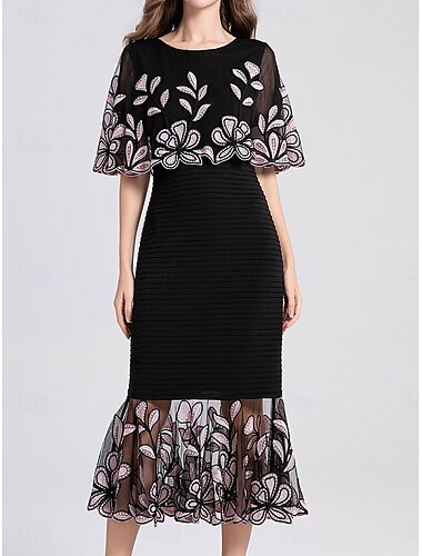  Abito Madre della Sposa Abito Elegante Festa Collo A Giro Lunghezza Parsa Cotone Misto Manica Corta con Ricamo Abito Midi