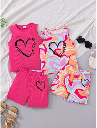  2-delig Kinderen Voor meisjes Hart Ronde hals Set met tanktop en short reeks Mouwloos Actief Buiten 4-7 jaar Zomer Blozend Roze