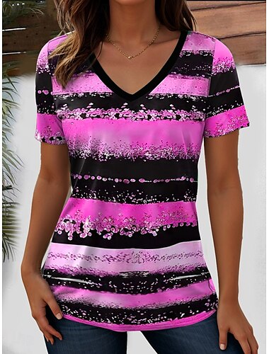  Damen T Shirt Ozean Gestreift Lässig Kurzarm V Ausschnitt Normale Oberteile Täglich Ausgehen Wochenende Druck Gelb Rosa Blau Purpur Orange Sommer