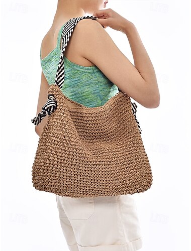  Damen-Umhängetasche aus gewebtem Stroh – Strandtasche im Boho-Chic-Stil mit Riemen im Zebramuster, leichte Sommerhandtasche für Reisen, Urlaub und Freizeitausflüge