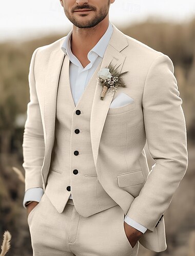  Herren Strandhochzeit Leinenanzüge Weiß Himmelblau Mode Formal Sommer Einfarbig Taillierte Passform 3-Teilig Einreiher Zwei-Knöpfe