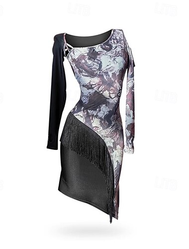  Latin Dance Dress Printing Tassel Splicing Women's Performance Training Long Sleeve Polyester