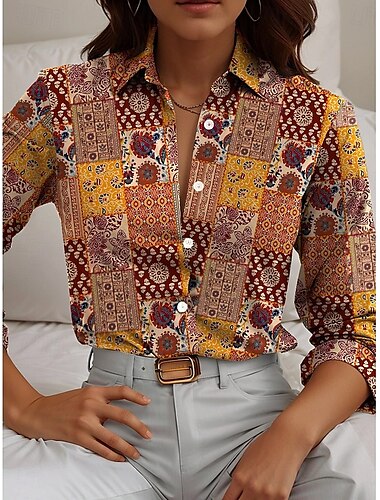  Carnaval Dames Shirt Grafisch Casual Lange Mouwen Shirt Kraag Reguliere Tops Dagelijks Vakantie Uitgaan Knopen Print Oranje Lente Herfst Winter