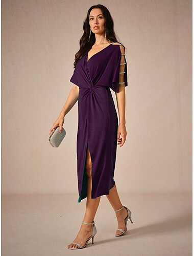  Damen Midikleid Strickkleid Elegant Stilvoll Party Verabredung Regular Fit Feste Farbe Kurzarm V Ausschnitt Aubergine Sommer