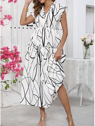  Dames Midi Jurk A-Lijn Jurk Fit En Flare Jurk Vakantie Dagelijks Regular Fit Graphic Mouwloos V-Hals Wit Zomer Lente