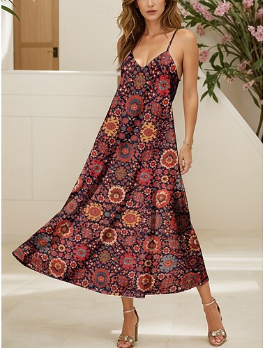  Pentru femei Rochie Maxi Rochie de Vară Rochie A line Rochie Slip Casual Plajă Fit regulat Grafic Epocă Boem Fără manșon În V Bretele Spagheti Roșu Vin Vară Primăvară